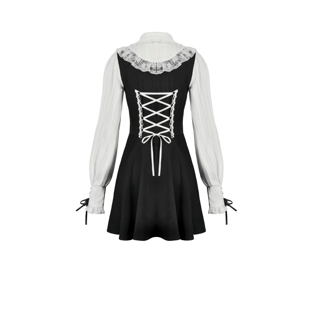 Dark in Love - Dolly Lolita Style Faux TwoPiece Ribbon Korte jurk - Zwart/Wit